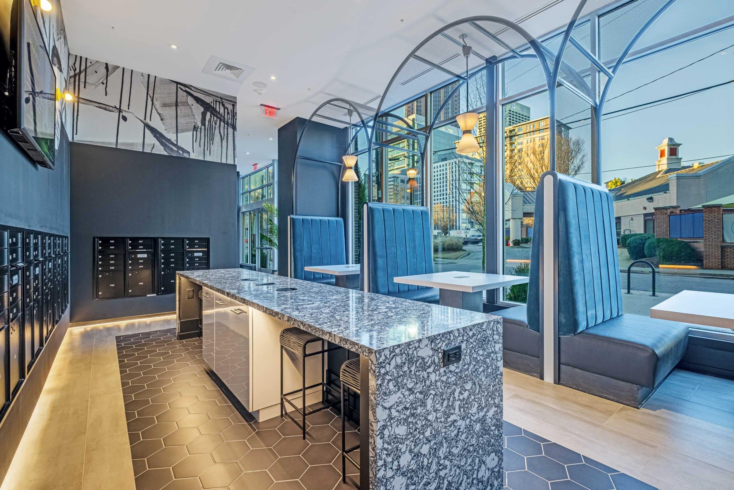 Furnished clubroom with table and chairs